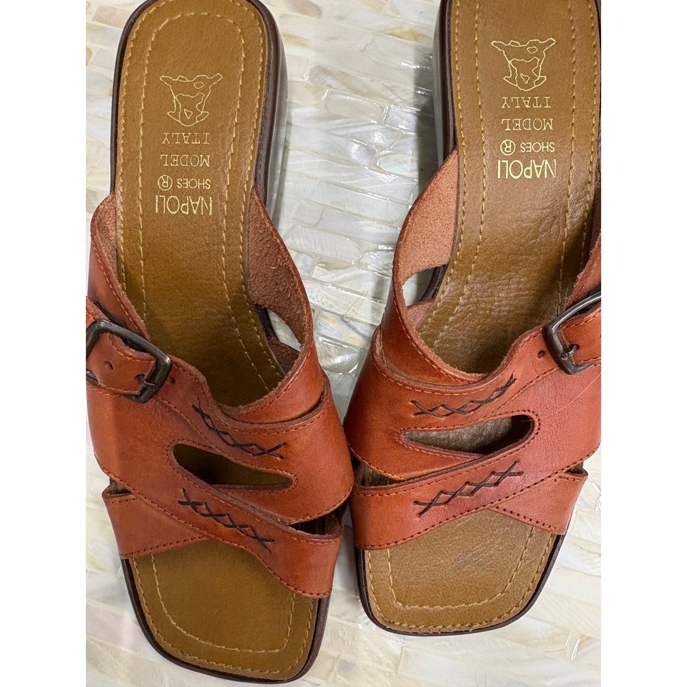 Napoli Italy Leather Slide Sandals Brown Buckle Wedge Square Toe EU 39 US 8